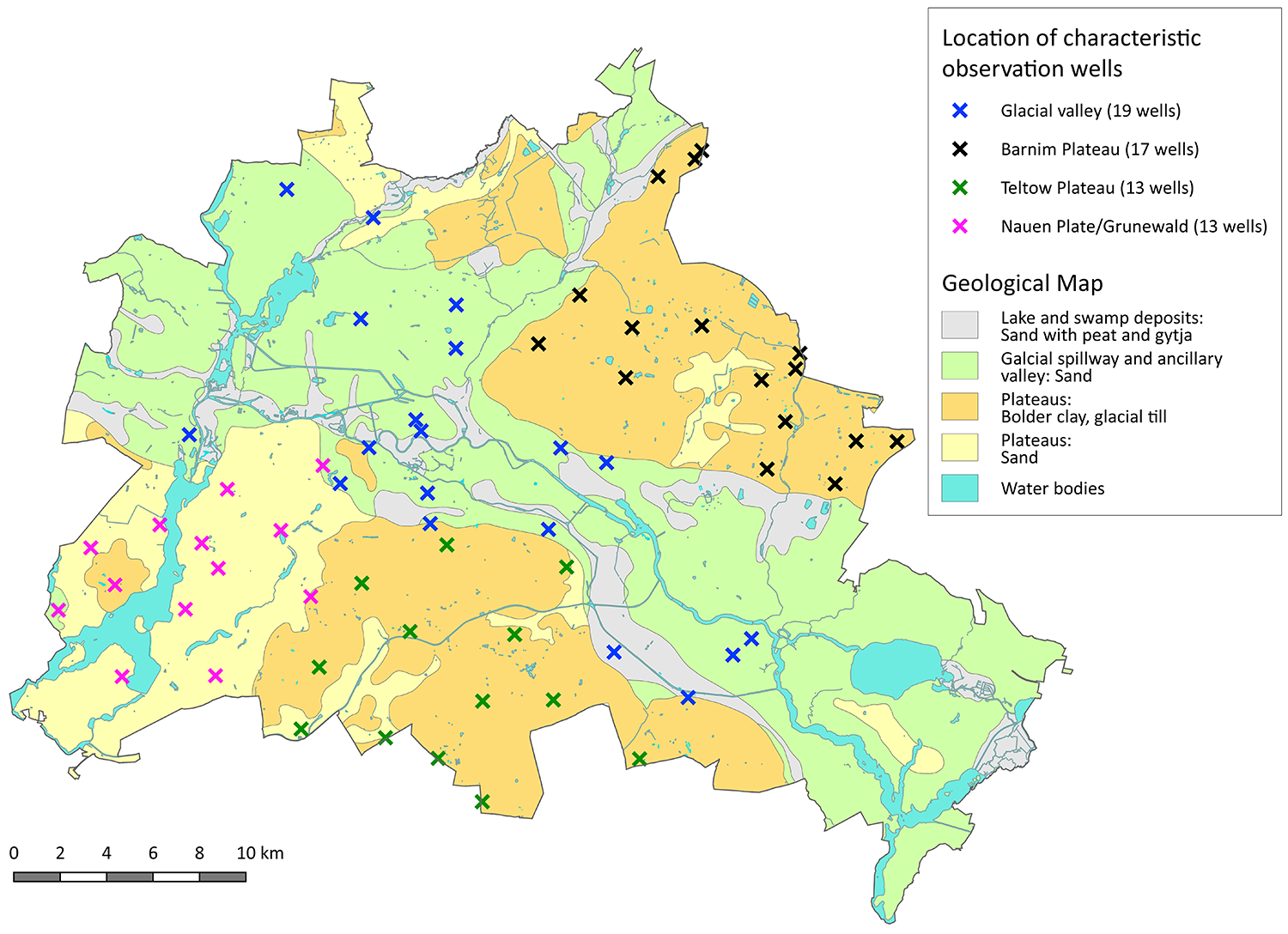 Enlarge photo: Fig. 11: Location and number of characteristic observation wells in the different hydrogeological areas