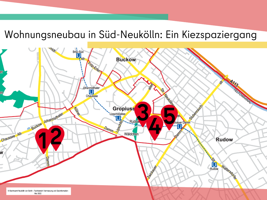 Süd-Neukölln Kiezspaziergang Wohnungsneubau: Karte von Südneukölln mit Markierungen für die Stationen auf dem Kiezspaziergang