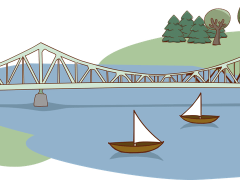 Illustration der Glienicker Brücke, mit zwei Segelschiffen im Vordergrund