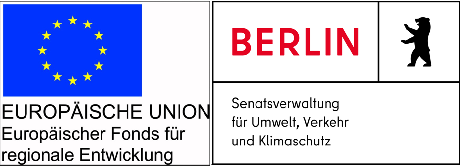 Logo des EFRE mit Flagge der EU undText Europäische Union Europäischer Fonds für regionale Entwicklung sowie Logo der Senatsverwaltung für Umwelt, Verkehr und Klimaschutz Berlin mit Berliner Bär