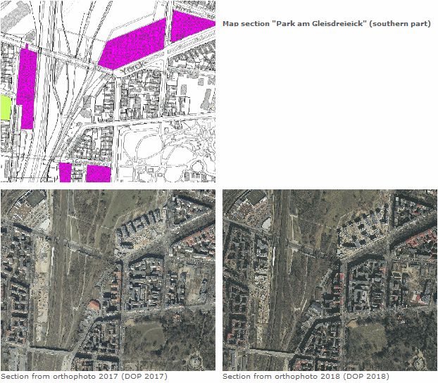 Fig. 5: Increase in population density (p/ha) by more than 230 people between 2017 and 2018 following new construction activity around the “Park am Gleisdreieck” (southern part), top: map section (for legend, see Fig. 4), bottom left: section from orthophoto 2017 (DOP 2017), bottom right: section from orthophoto 2018 (DOP 2018)