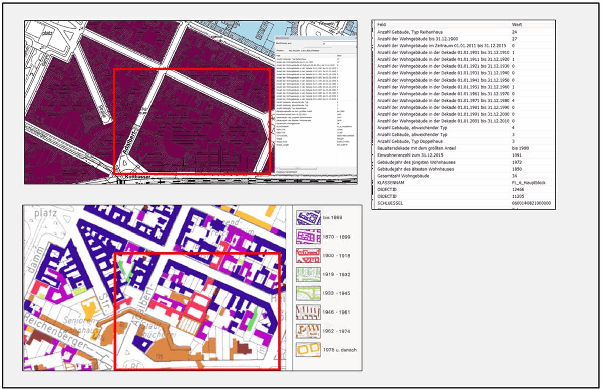 Enlarge photo: Fig. 1: Comparison of the “predominant building age group” classification per block/block segment with a building-related assignment to construction periods (top: section from Map “Building Age in Residential Development” (06.12) and bottom: section from Map “Gebäudealter 1992/1993” (Building Age 1992/1993)
