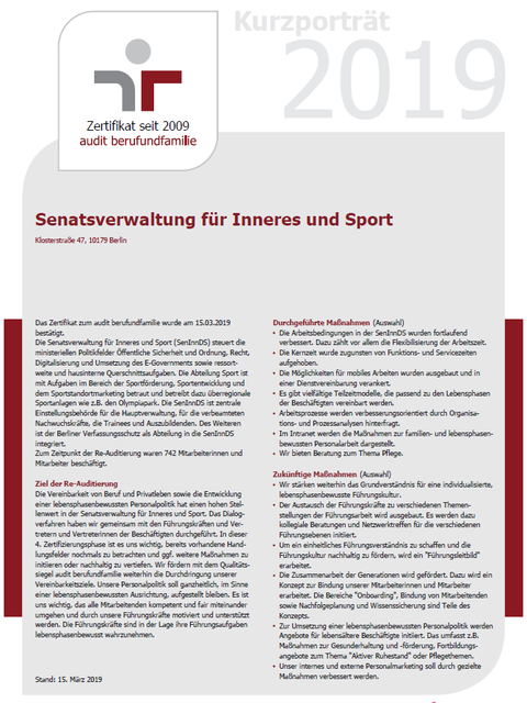 Bildvergrößerung: audit familieundberuf - Kurzporträt 2019 der Senatsverwaltung für Inneres und Sport