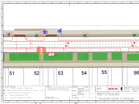 Bildvergrößerung: Verkehrszeichenplan für die Fahrradstraße Triftstraße/Gerichtstraße: Bereich zwischen Samoastraße und Tegeler Straße