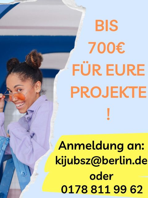 Bildvergrößerung: Flyer Kinder- und Jugendjury 2023 (Text: Bis 700 € für eure Projekte! Anmeldung per E-Mail oder Telefon)