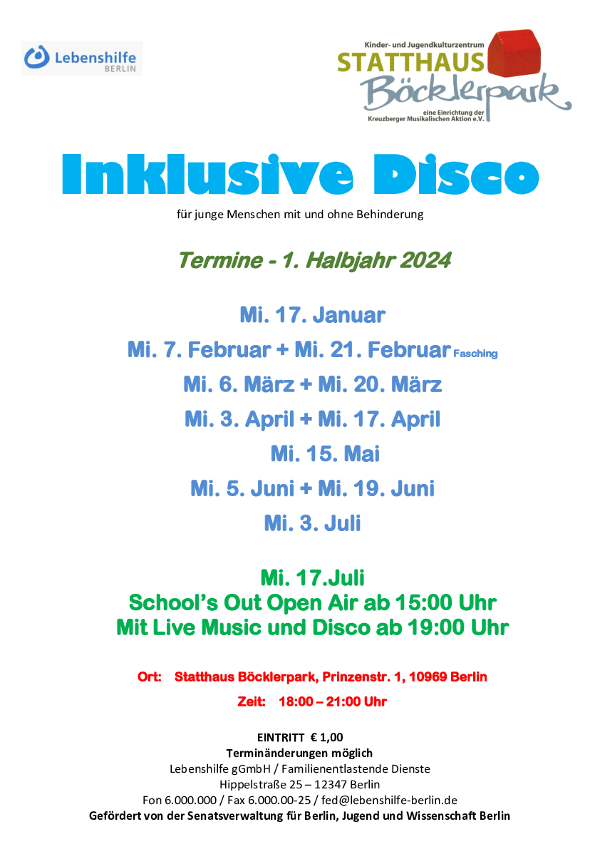 inklusive Disco Friedrichshain-Kreuzberg Termine 1 Halbjahr 2024