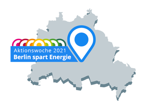Schriftzug Aktionswoche 2021 Berlin spart Energie im Hintergrund Berlinkarte im Umriss mit grauer Fläche