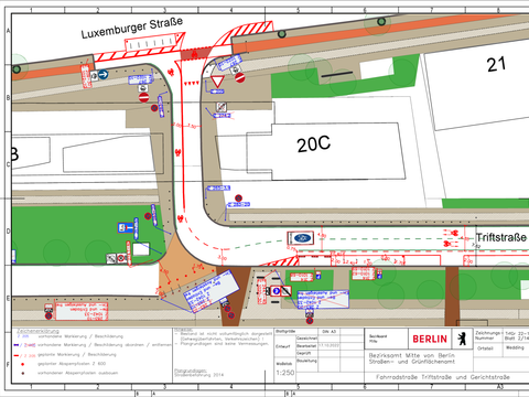 Bildvergrößerung: Verkehrszeichenplan für die Fahrradstraße Triftstraße/Gerichtstraße: Bereich Luxemburger Straße