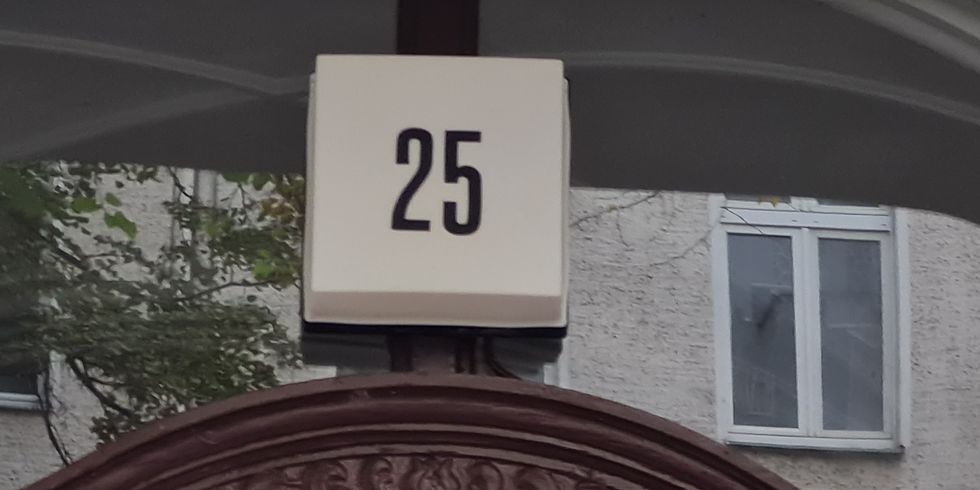 Grundstücksnummerierung in Neukölln, weißer Leuchtkasten mit einer schwarzen 25 darauf, befestigt an einer Verglasung über einer Holztür