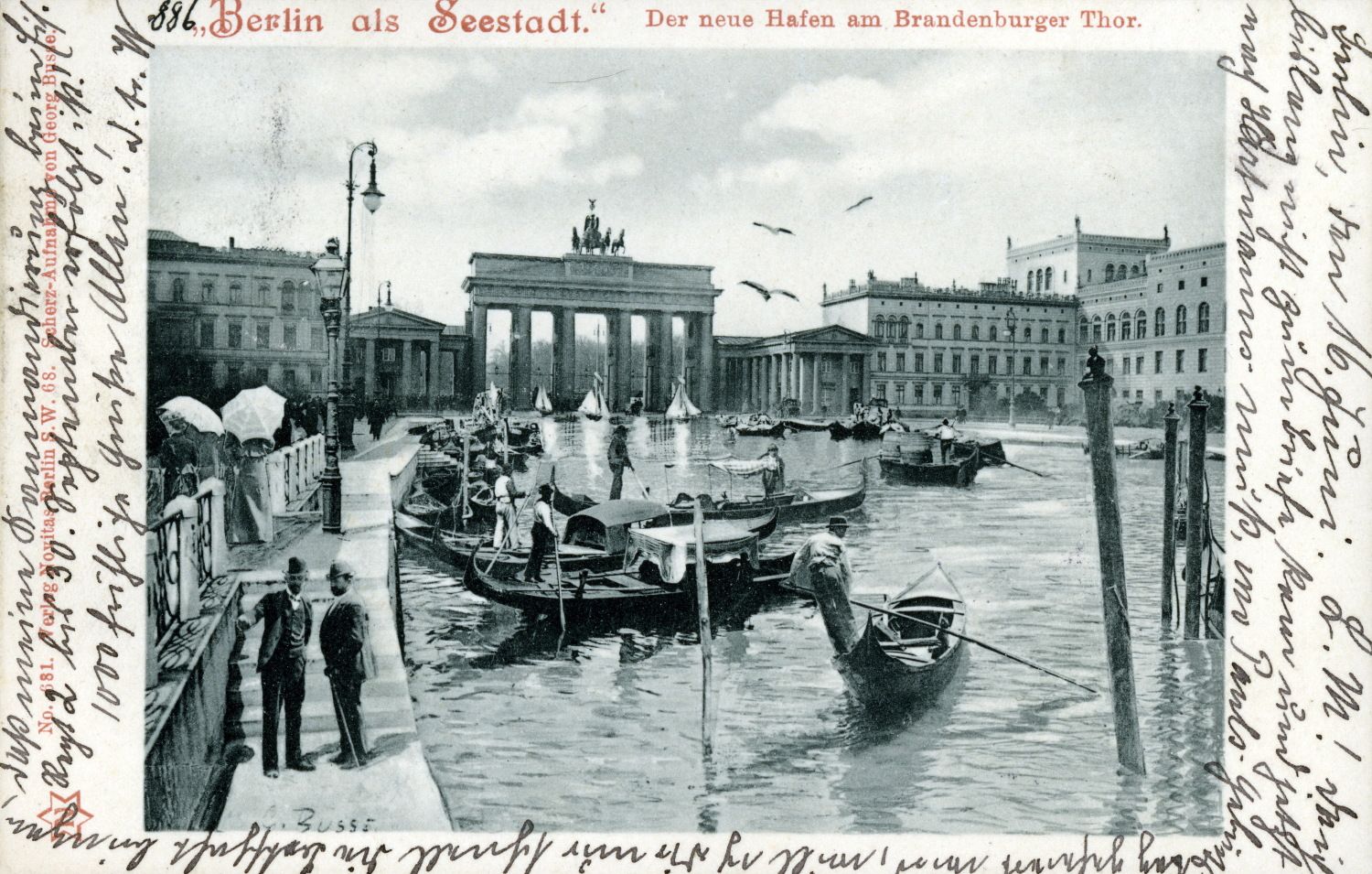 Georg Busse, "Berlin als Seestadt." Der neue Hafen am Brandenburger Tor, 1904, Postkarte