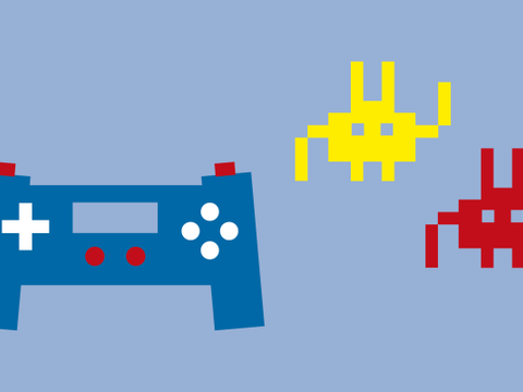 Grafik mit Joystick und Computerspiel-Aliens