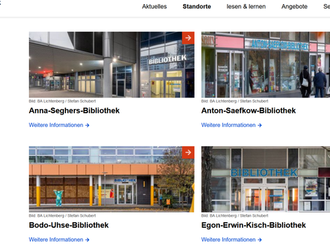 Screenshot mit Fotos der vier Standorte der Stadtbibliothek Lichtenberg