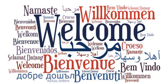 Schriftzug "Willkommen" in verschiedenen Sprachen