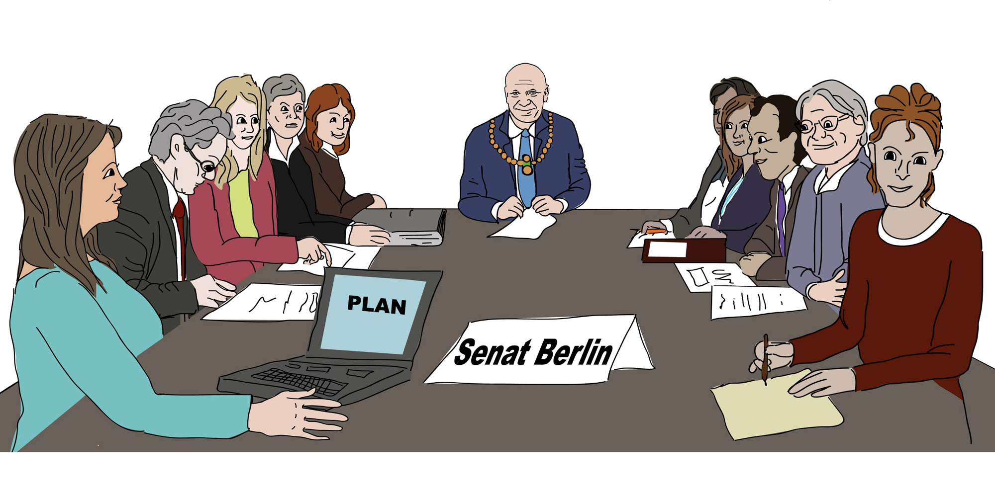 Der Senat: Menschen bei der Arbeit sitzen um einen Tisch