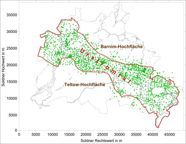 Bildvergrößerung: Abb. 4: Lage der zur Plausibilitätsprüfung der zeHGW-Karte im Urstromtal benutzten Grundwassermessstellen 