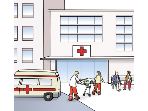 Ein Krankenwagen hält vor einem Krankenhaus und zwei Rettungskräfte schieben einen Patienten auf einer Trage hinein