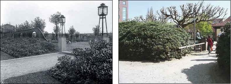 Fotovergleich historisch und heute - Eingang zum Spielplatz mit Rhododendrenhecke auf dem Mierendorffplatz