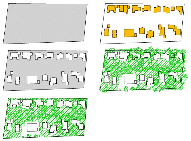 Abb. 3: Methode zur Ermittlung des Grünvolumens der unbebauten Block(teil)flächen (oben links: Blockfläche; oben rechts: oberirdische Gebäude; Mitte links: Unbebaute Blockfläche (grauer Anteil); Mitte rechts: Vegetationsbedeckung; unten: Vegetation der unbebauten Blockfläche)