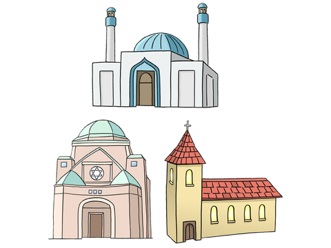 Die Zeichnung zeigt eine Kirche, eine Moschee und eine Synagoge.