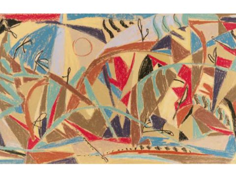Bildvergrößerung: Louise Rösler: Landschaft (Entwurf für einen Wandteppich) · 1955 · Pastell auf Papier · 52 x 90 cm