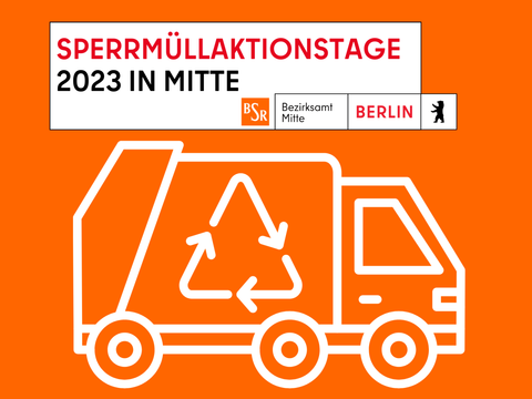 Sperrmüllaktionstage 2023 Mitte, Sperrmüllauto Icon auf orangefarbigem Hintergrund