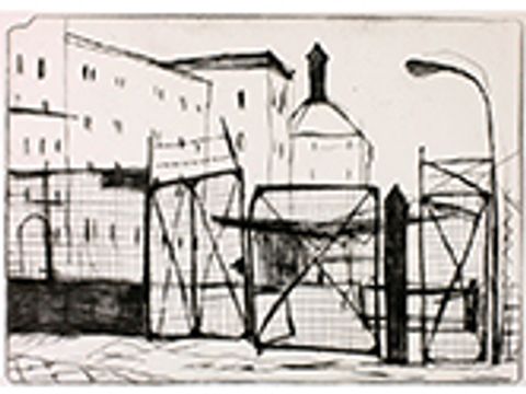 Bildvergrößerung: Ursula Strozynski: Tor, ehem. Mälzerei Pankow, Kaltnadelradierung, 32 x 46 cm, 1989