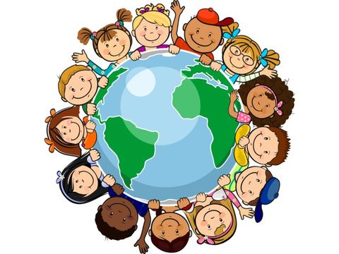 Kinder verschiedener Nationen umkreisen einen Globus (Zeichnung)