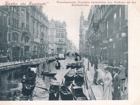 Georg Busse, "Berlin als Seestadt." Venetianische Gondeln vermitteln den Verkehr an der Seufzerecke, 1904, Postkarte