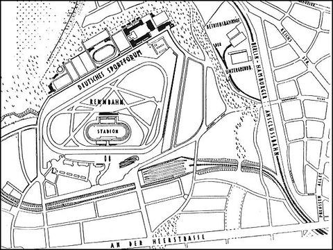 Lageplan der Grunewaldrennbahn mit Stadion und Sportforum, 1928, aus W. March, Bauwerk Reichssportfeld