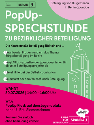 Flyer zur Pop-up-Sprechstunde des Raums für Beteiligung am 30. Juli 2026 in Siemensstadt mit einer Zeichnung des Rathausturms Spandau