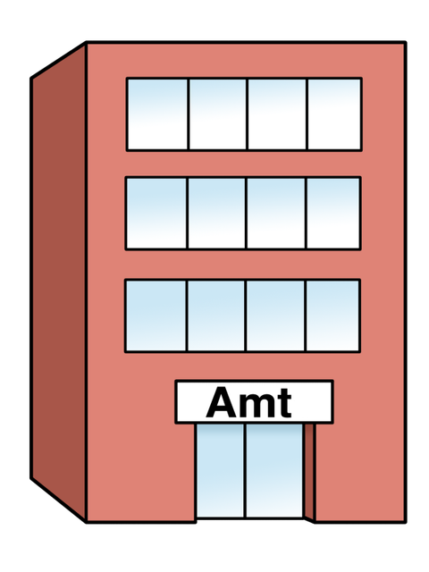 Illustration eines Gebäudes mit dem Schriftzug Amt über der Tür