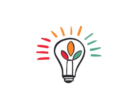 Logo des Mitmach-Ladens als Zeichnung, Glühbrine mit bunten Farben und bunten Strahlen außen herum