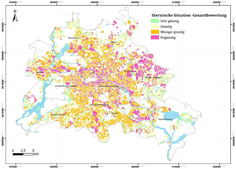 Bildvergrößerung: Räumliche Verteilung der Bewertungsklassen zur thermischen Gesamtsituation in den Siedlungsräumen Berlins