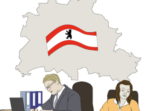 Mann und Frau arbeiten in einem Büro mit einer Berlin-Flagge im Hintergrund