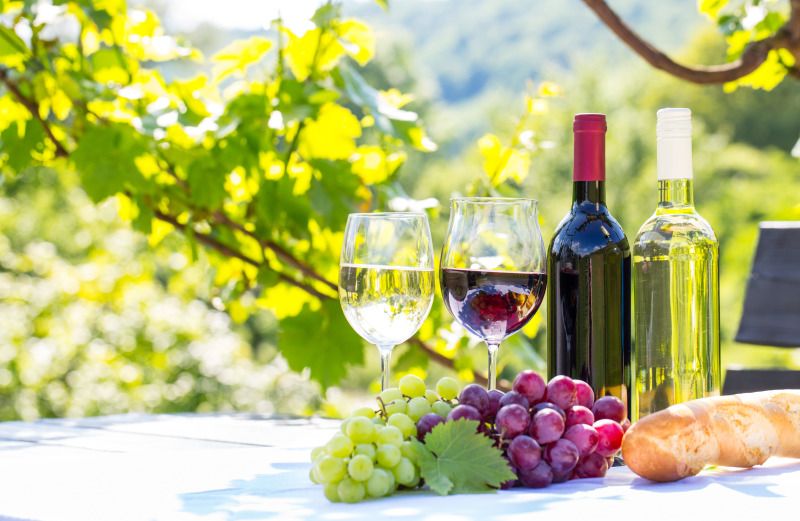 Bildvergrößerung: Ein Tisch im freien auf dem 2 verschiedene Sorten Wein in 2 Flaschen und in 2 Gläsern stehen, davor 2 Sorten Weintrauben und ein Baguette