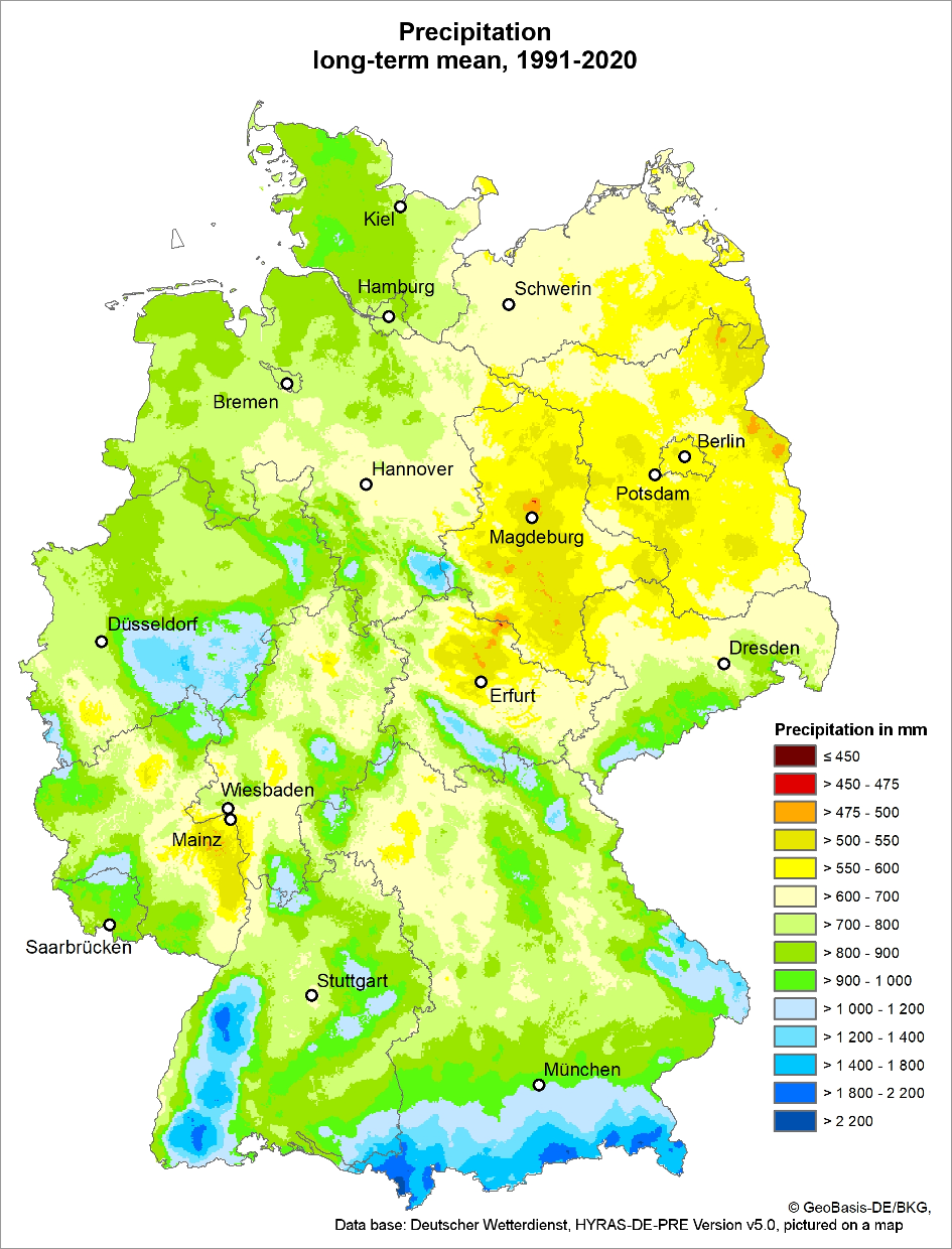 Fig. 1: Distribution of the amount of precipitation per year in Germany – long-term mean, 1991-202