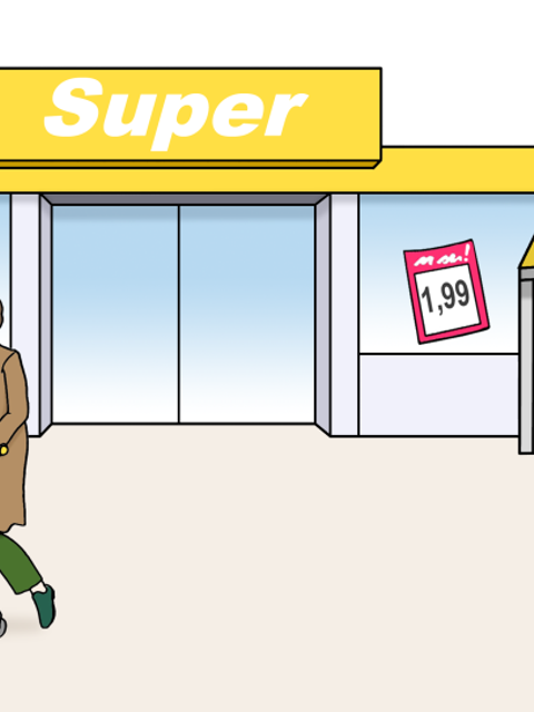 Frau mit Einkaufswagen vor einem Supermarkt skiziiert