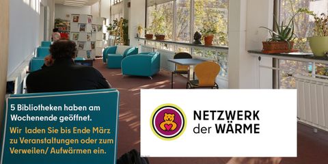 Foto Böll-Bibliothek innen mit dem Logo Netzwerk der Wärme