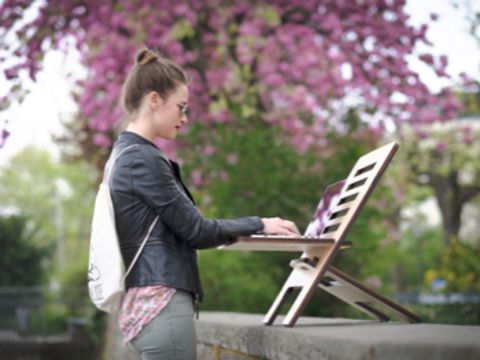 Frau steht im Park und arbeitet an Laptop