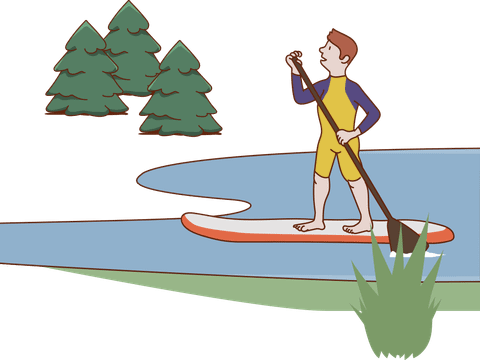 Illustration einer Person die auf einem See Stand Up Paddeling betreibt