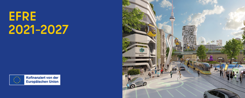 Digital erstelltes Bild zeigt eine Straße mit Straßenbahn und Menschenmenge