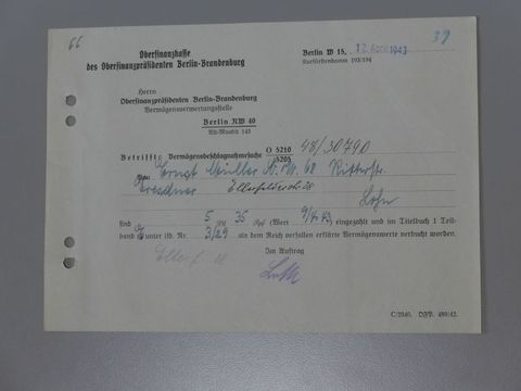 Bildvergrößerung: Der Restlohn für Zwangsarbeit für Felix Dresdner wurde von der Oberfinanzdirektion beschlagnahmt.