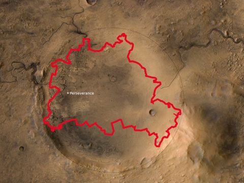 Der Jezero-Krater auf dem Mars misst 48 Kilometer im Durchmesser - in etwa die Größe Berlins.