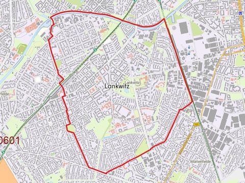 Die Karte bildet die festgelegten Grenzen des Städtebauförderprogramms Sozialer Zusammenhalt und der Quartiersmanagementgebiete in der Bezirksregion Lankwitz ab.