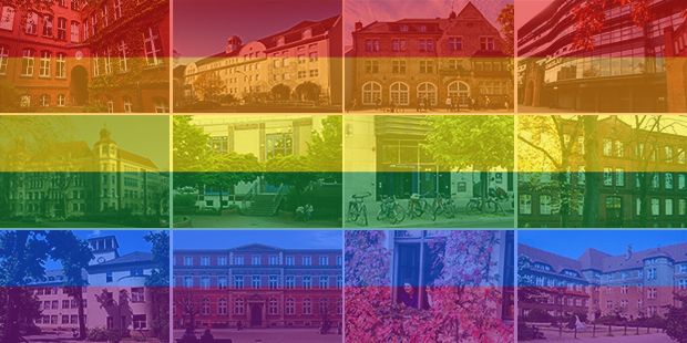 alle Hauptgebäude der 12 Berliner Volkshochschulen mit Regenbogenfarben getaucht 