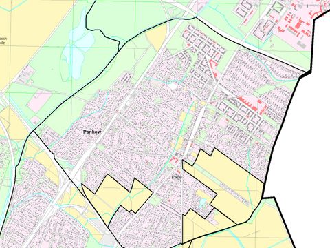 Ortsteil Karow und Abgrenzung der drei Teilgebiete (schwarze Umrandung)