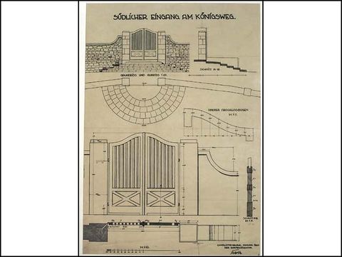 Bildvergrößerung Erwin Barth - Lietzenseepark, Südlicher Eingang vom Königsweg (Kantsraße), Entwurf, M 1:10, 1:5, 1920, Tusche/Transp.