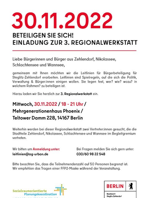 Bildvergrößerung: Einladung - 3. Regionalwerkstatt zur Erarbeitung der Leitlinien zur Bürgerbeteiligung in Steglitz-Zehlendorf (30.11.2022)