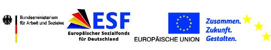 Logos BM Arbeit und Soziales, ESF für Deutschland, EU-Flagge sowie "Zusammen Zukunft gestalten"