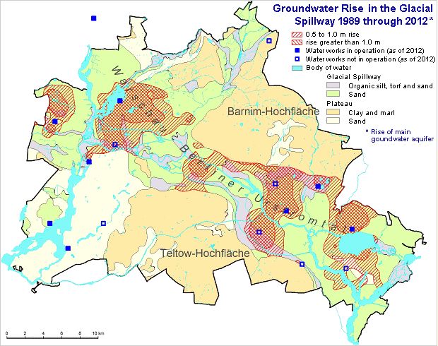 Fig. 10: Groundwater Rise in the Glacial Spillway between 1989 and 2012: The rise is more than half a meter in the hatched area and more than one meter in the crosshatched area.